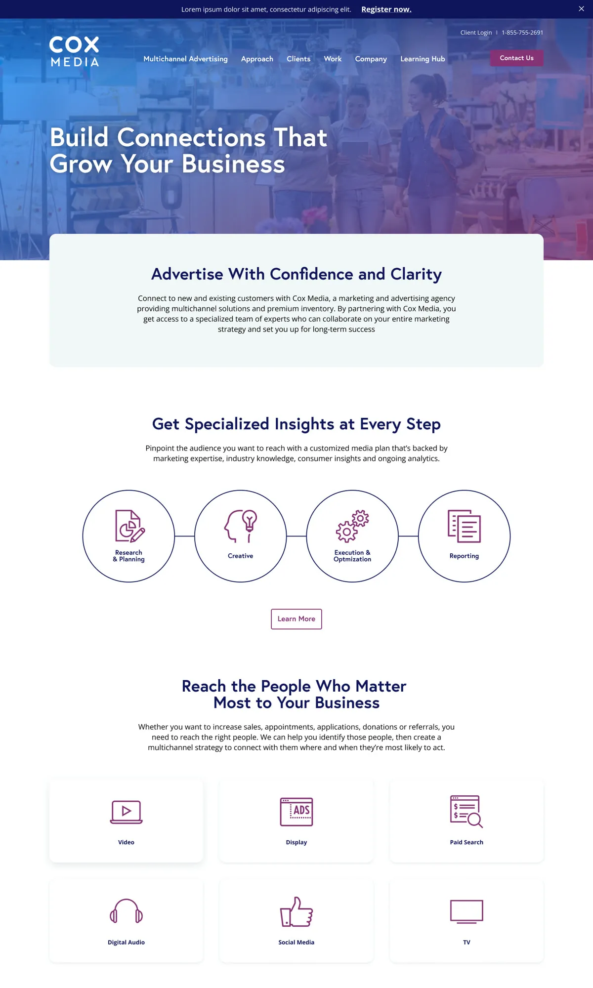 Final Cox Media home page design with the headline ‘Build Connections That Grow Your Business’ and the four approach steps
