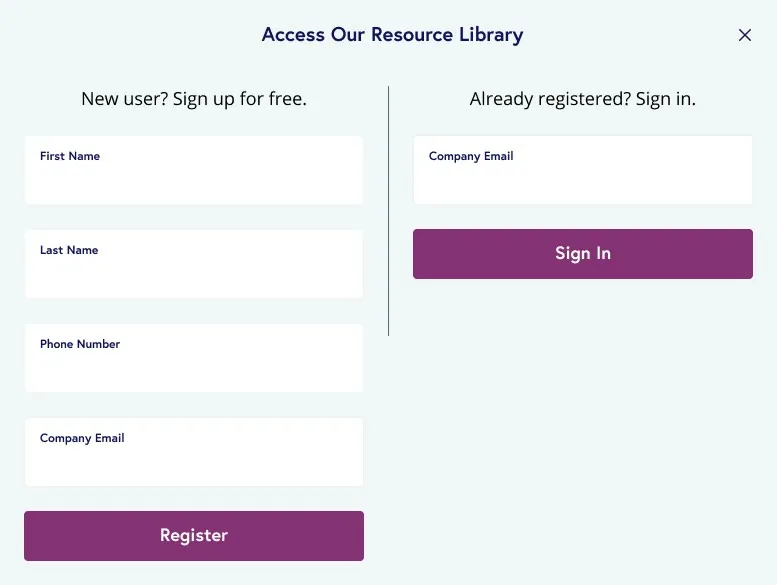 Resource library sign-up form: new users register once with name, phone, and company email; returning users sign in with their email