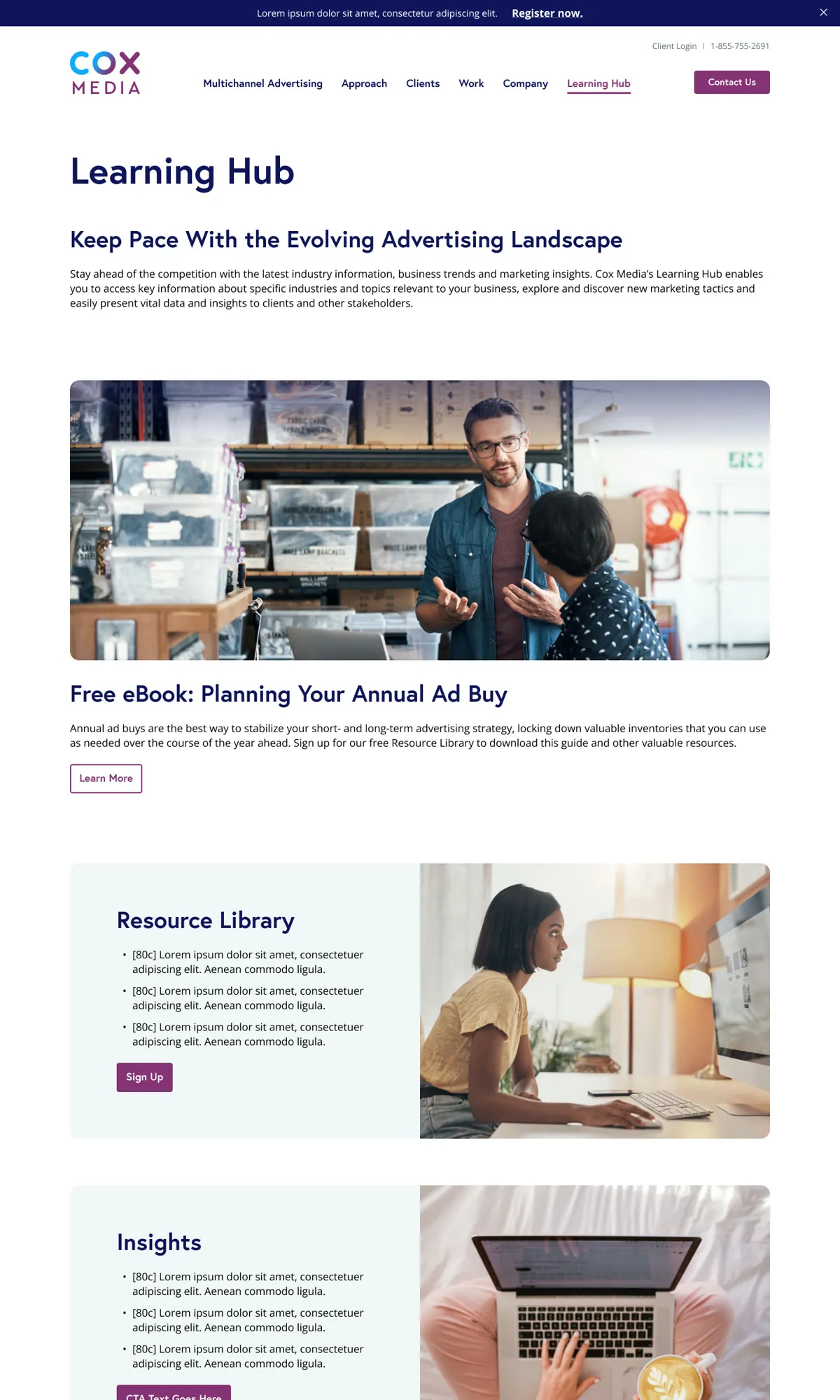 Final Learning Hub design with a featured eBook, a Resource Library, and Insights
