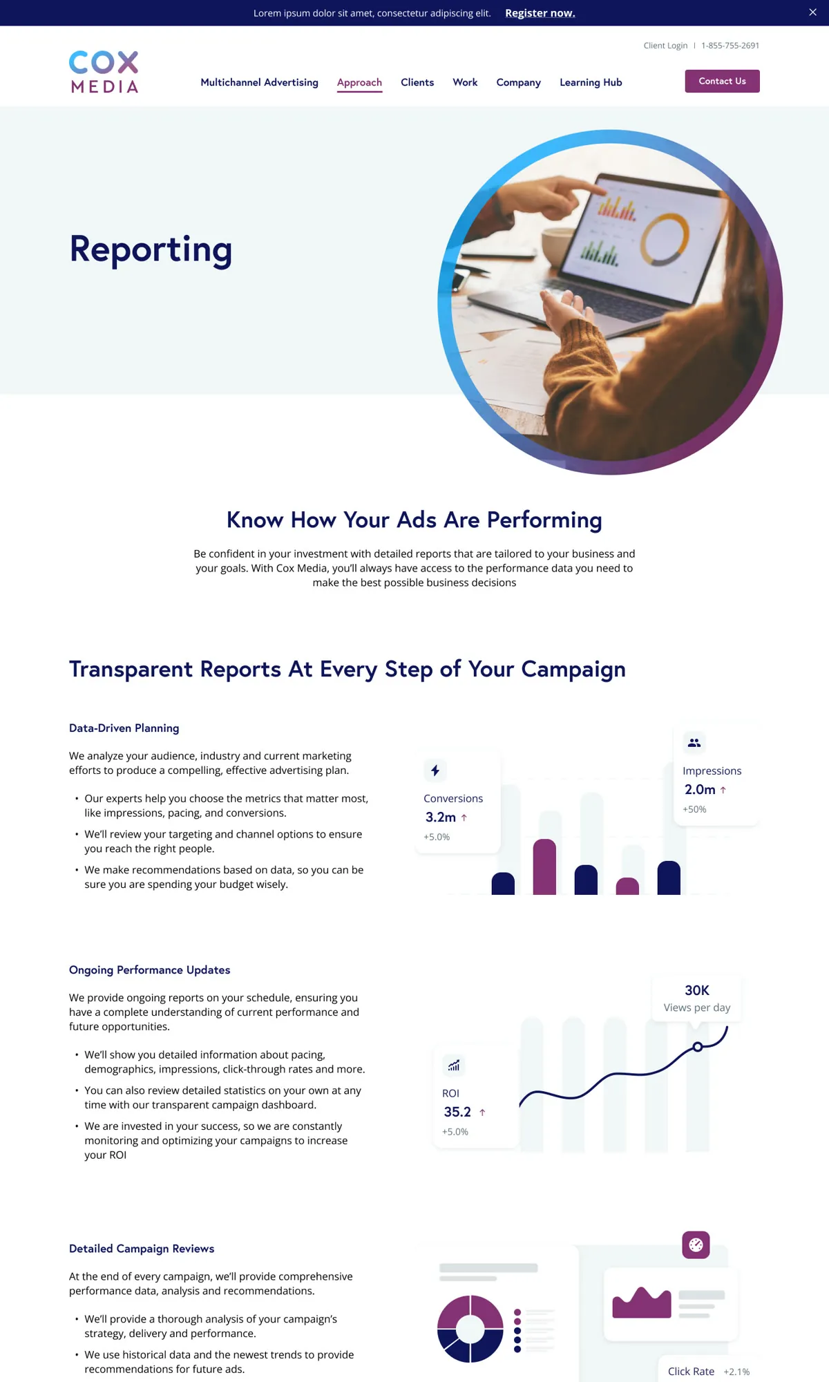 Final Reporting page design with the headline ‘Know How Your Ads Are Performing’ and transparent campaign report examples