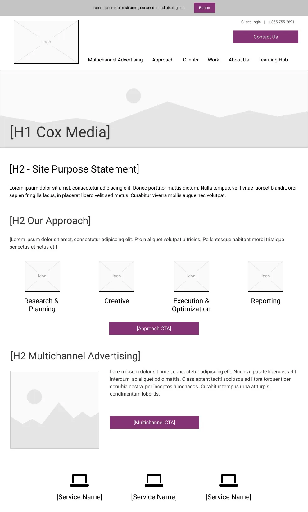 Home page wireframe with a site purpose statement, four approach steps, multichannel advertising, and service links