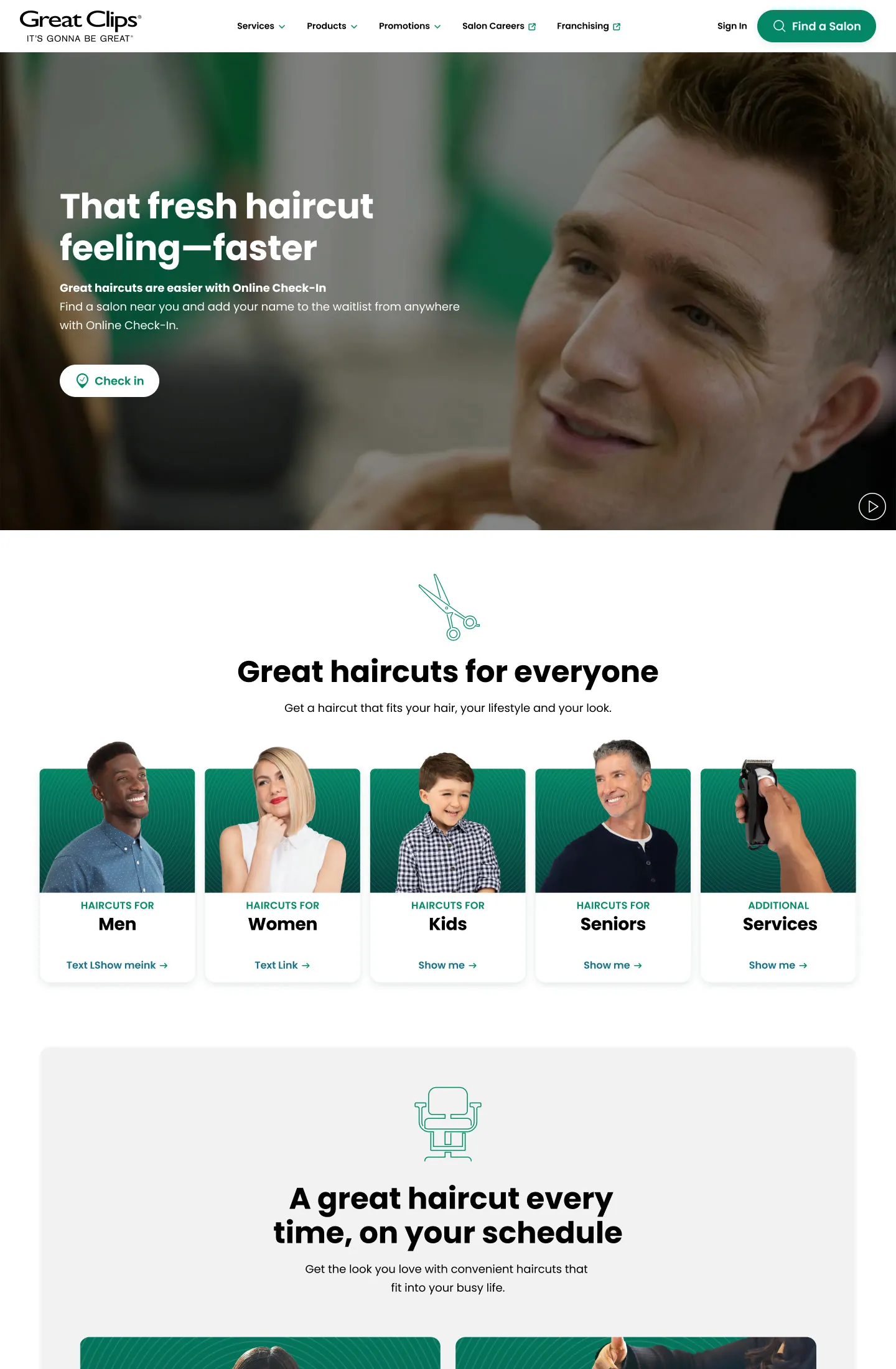 Final Great Clips homepage on desktop, with the headline ‘That fresh haircut feeling, faster’ and a Check in button