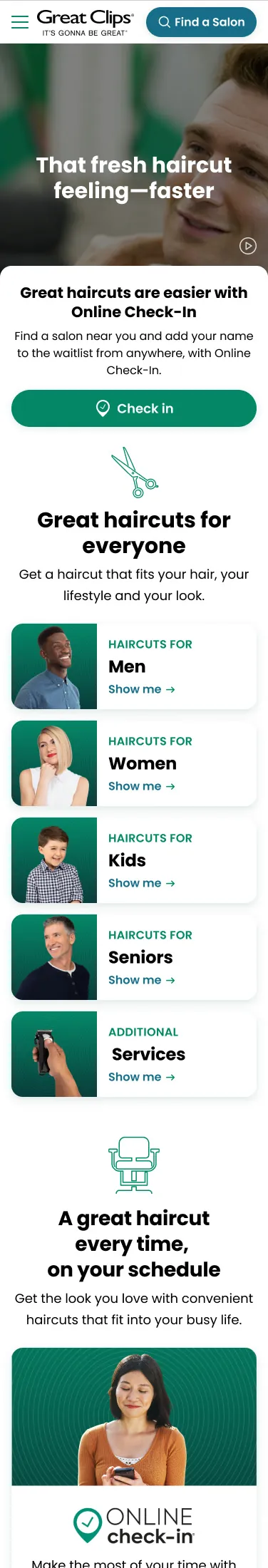 Final Great Clips homepage on mobile, with a full-width Check in button under the hero