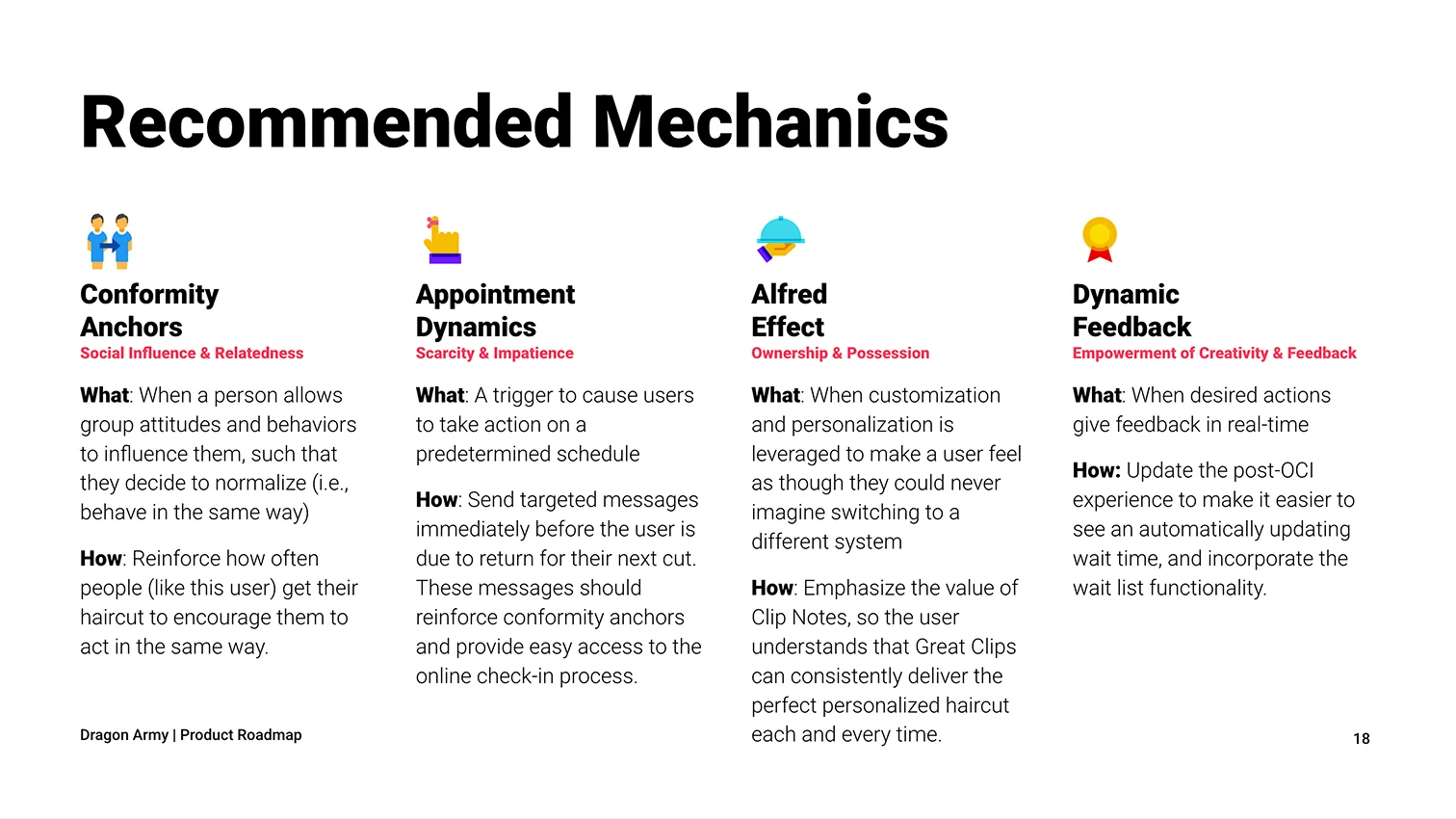 Recommended mechanics slide describing conformity anchors, appointment dynamics, the Alfred effect, and dynamic feedback