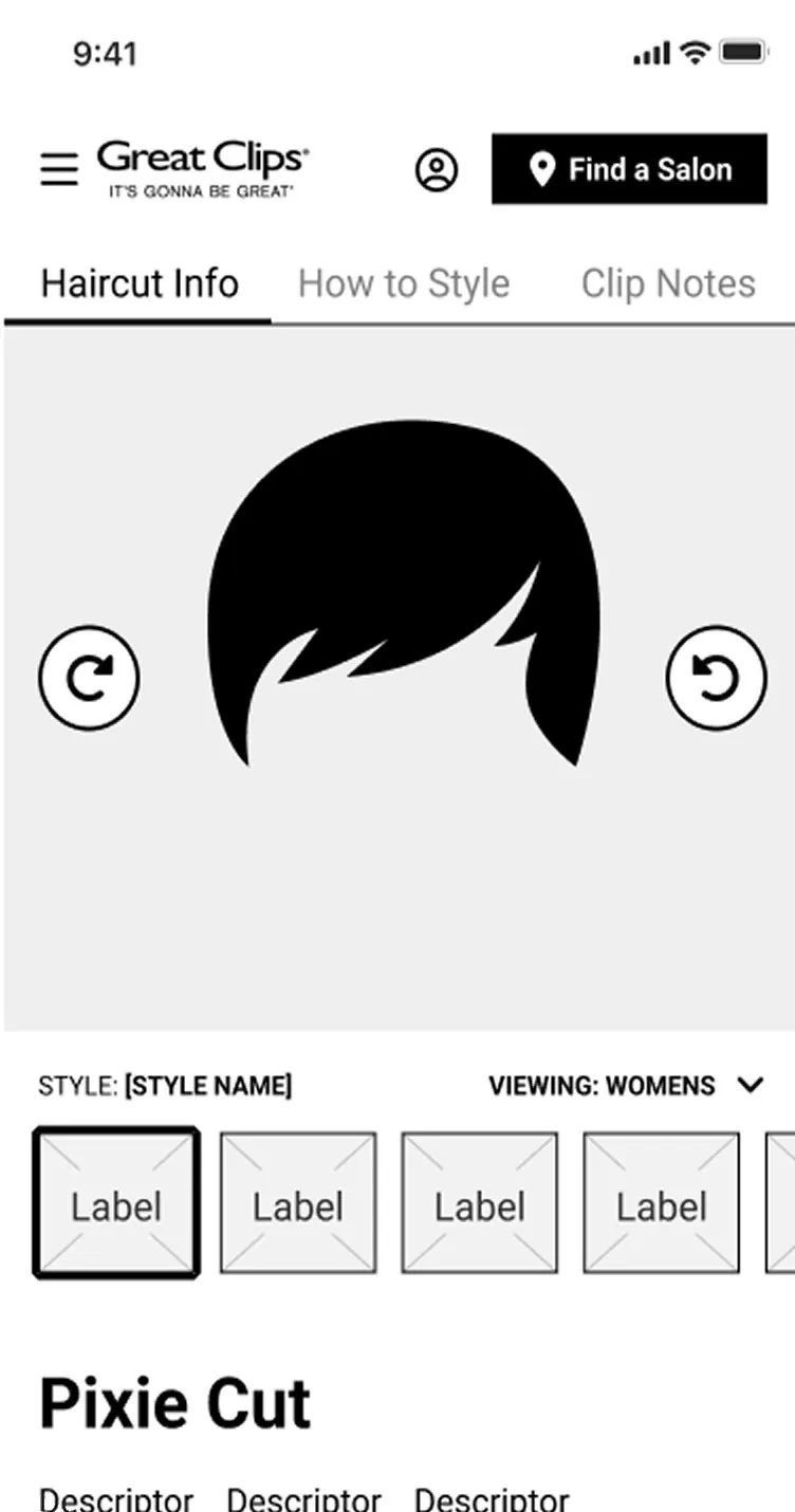 Lookbook style page wireframe showing a pixie cut with style options