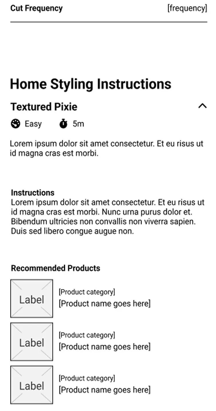 Wireframe showing cut frequency, home styling instructions, and recommended products