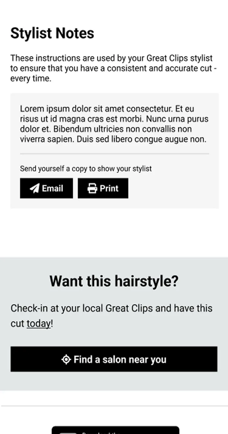 Wireframe showing stylist notes to share with a stylist and a prompt to find a salon