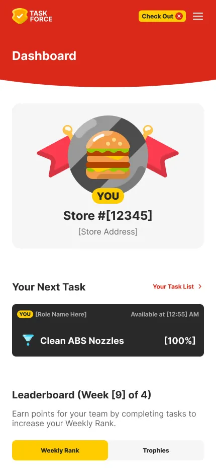 Dashboard showing the restaurant’s team badge, the next task, and the weekly leaderboard