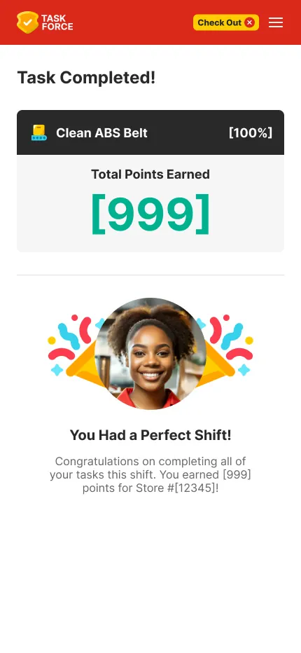 Task completed screen celebrating a perfect shift and the points earned