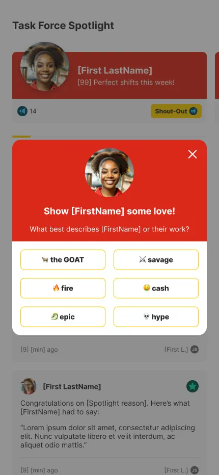 Shout-out modal inviting a crew member to praise a teammate with tags like the GOAT, fire, and hype