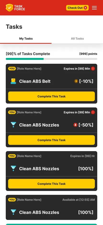 Task list with countdown timers, point values, and Complete This Task buttons