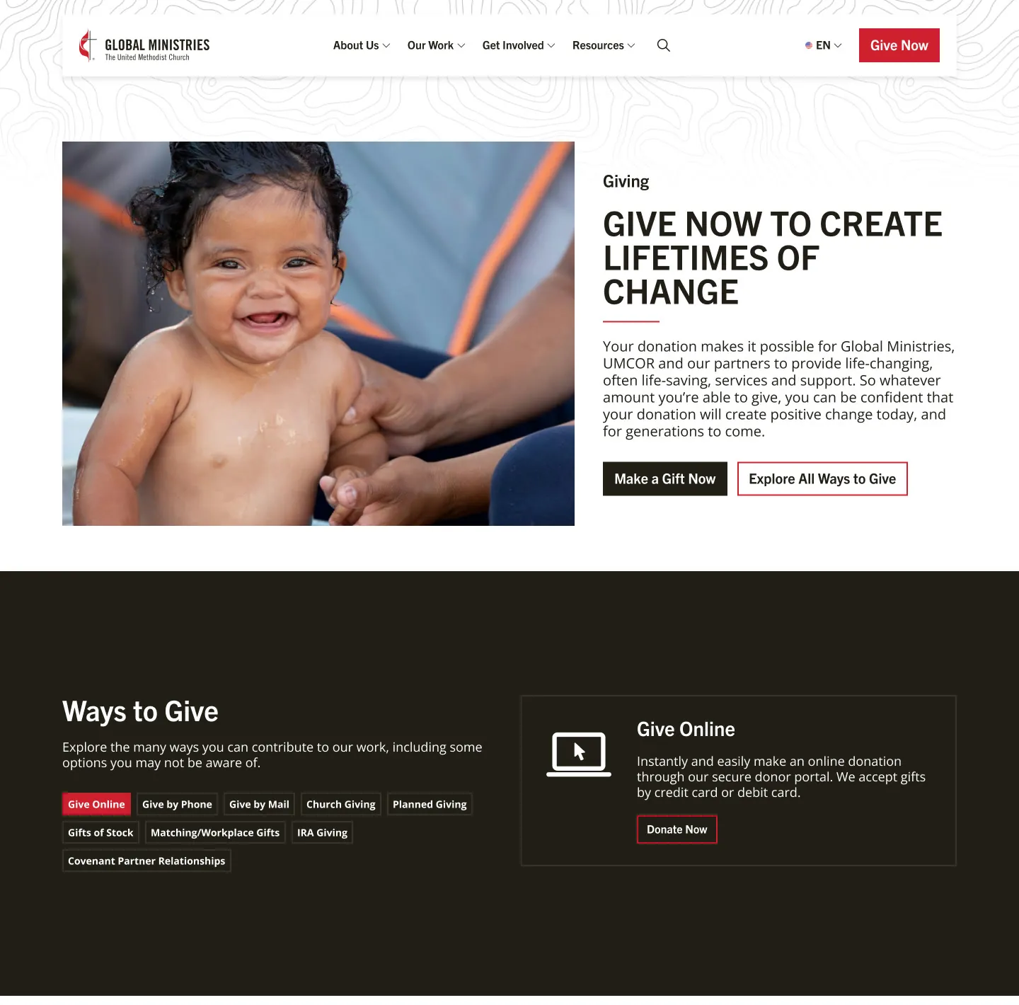 Giving page design with a Give Now headline and a Ways to Give section listing online, phone, mail, stock, and planned giving