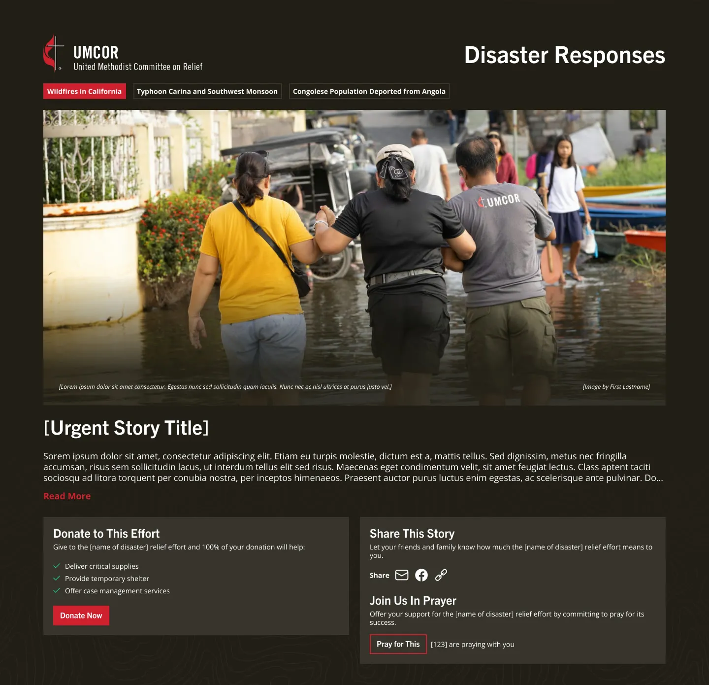 Disaster Responses section with an urgent story and side-by-side options to donate, share, and pray