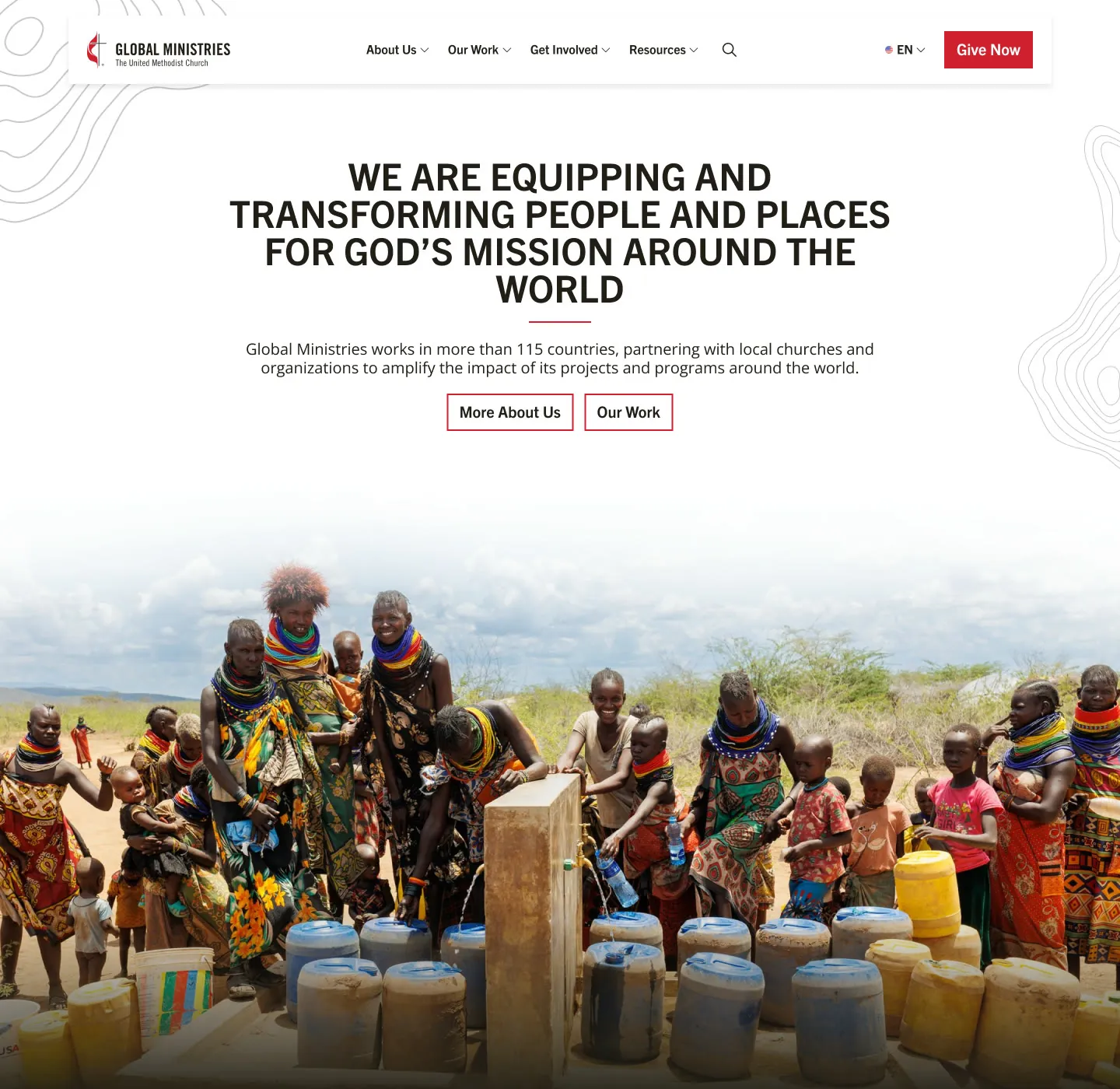 Home page design with a mission statement headline, links to About Us and Our Work, and a photo of a community water point